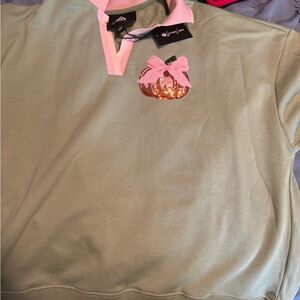 Green Polo Shirt with Pink Collar and Pumpkin Patch